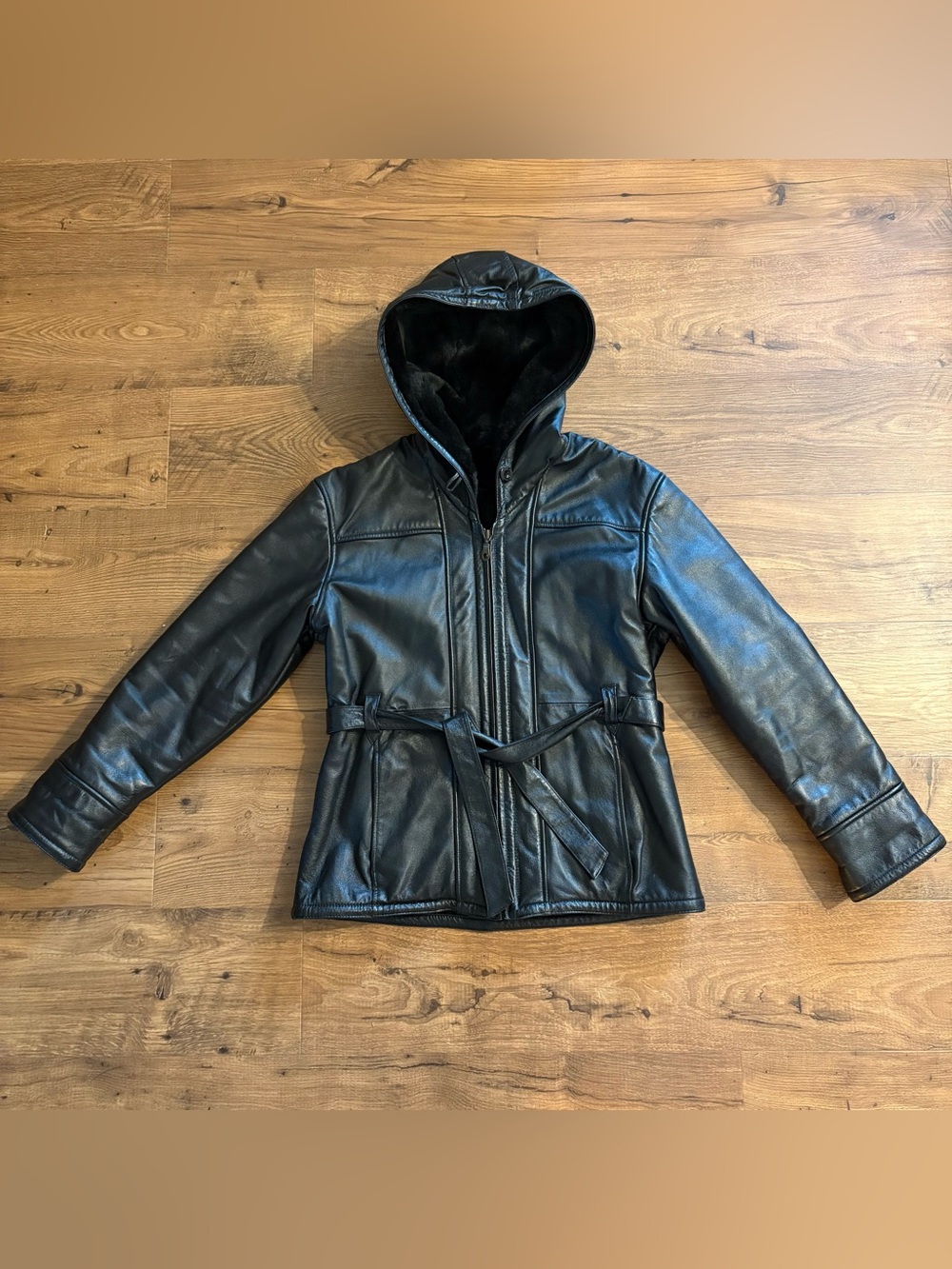 Wilsons Leather Black Hooded Faux Fur Genuine Leather Belted Jacket